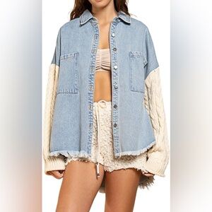 POL Denim & Cable Knit Button Down Shacket